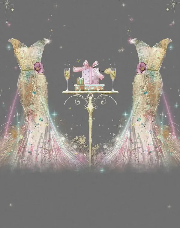 Ilustración original de la invitación de Techy y Haru: dos vestidos de gala y una mesa con regalos y copas