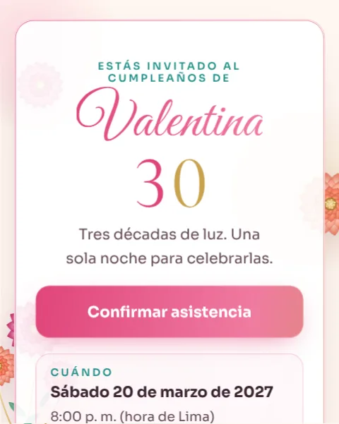 La invitación en estilo Jardín: fondo crema, flores y nombre en letra caligráfica