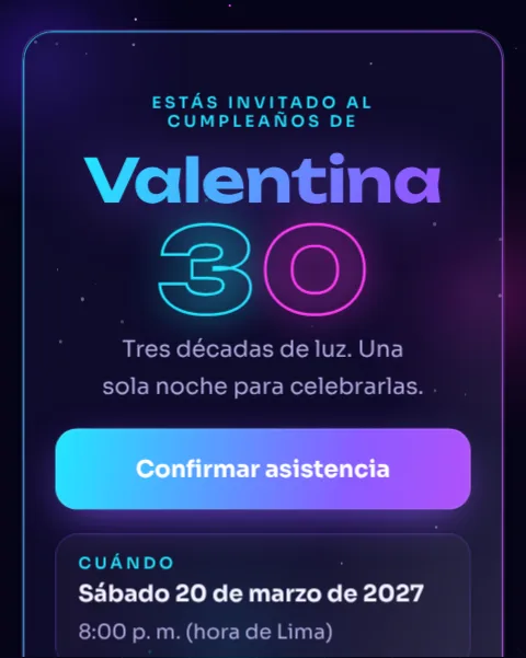La invitación en estilo Neón: fondo oscuro, letras de neón cian y fucsia